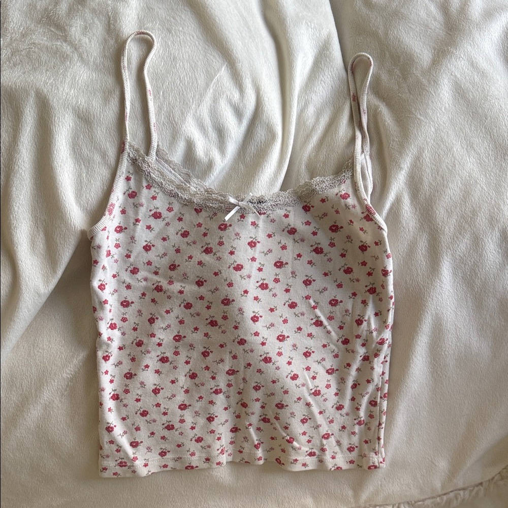 Brandy Melville foral Lace-Trim Camisole Tank Top - Pink/White